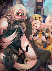 Rule 34 | 1boy, 1girl, bar censor, belt, blindfold, blonde hair, censored, clothed sex, clothes pull, female pubic hair, fingerless gloves, fur hat, gloves, guilty gear, guilty gear strive, hand on another&#039;s face, hat, hetero, high heels, highres, long hair, millia rage, open belt, pantyhose, pantyhose pull, penis, prehensile hair, pubic hair, pussy, sex, spykeee, ushanka, very long hair, zato-1