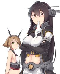 Rule 34 | 2girls, absurdres, bare arms, black hair, black jacket, breasts, brown eyes, brown hair, collar, flipped hair, green eyes, headgear, highres, jacket, kantai collection, kiritto, large breasts, looking at another, looking at viewer, metal collar, mouth hold, multiple girls, mutsu (kancolle), nagato (kancolle), navel, panties, panties in mouth, pleated skirt, remodel (kantai collection), sideboob, simple background, skirt, underwear, upper body, white background, white panties, white skirt