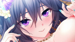 Rule 34 | 1girl, breasts, deep one kyomu to mugen no fragment, dmm, earrings, jewelry, large breasts, nail polish, necklace, purple eyes, smile