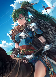 Rule 34 | 1girl, advarcher, armor, army, bad id, bad pixiv id, black gloves, breasts, cape, cloud, cloudy sky, day, dress, earrings, elbow gloves, feather hair ornament, feathers, fire emblem, fire emblem: the blazing blade, fire emblem heroes, fur cape, glint, gloves, green eyes, green hair, hair ornament, highres, horseback riding, jewelry, katana, long hair, looking at viewer, lyn (fire emblem), medium breasts, nintendo, polearm, ponytail, riding, saddle, sash, short sleeves, shoulder armor, sky, smile, spear, sword, thighs, weapon, wrist guards