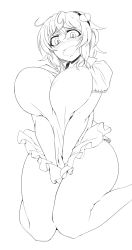 Rule 34 | 1girl, ahoge, blouse, blush, bottomless, breasts, curvy, d:, greyscale, hairband, highres, huge breasts, impossible clothes, komeiji satori, monochrome, naked shirt, open mouth, pandain, shirt, short hair, sitting, sketch, solo, tears, thick thighs, thighs, touhou, wariza, wide hips