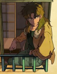 Rule 34 | 1boy, black eyes, black shirt, bomber jacket, brown hair, brown jacket, cigarette, closed mouth, commentary request, expressionless, feet out of frame, grey pants, highres, holding, holding cigarette, indoors, inudori, itou kaiji, jacket, kaiji, long hair, looking afar, looking to the side, male focus, medium bangs, open clothes, open jacket, pants, parted bangs, railing, shirt, shouji, sitting, sliding doors, solo, sunrise, table