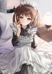 Rule 34 | 1girl, absurdres, apron, bedroom, blush, breasts, brown eyes, brown hair, highres, huge filesize, indoors, long sleeves, looking at viewer, maid, maid apron, maid headdress, medium breasts, medium hair, mrr, mrr 05, on bed, original, short twintails, sitting, solo, twintails