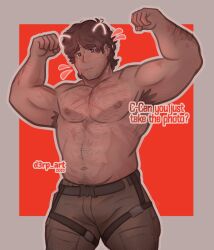 Rule 34 | 1boy, alternate costume, arm hair, armpit hair, armpits, arms up, bara, barbell piercing, beard stubble, call of duty, call of duty: modern warfare 2, clenched hands, clip studio paint (medium), covered face, cowboy shot, double biceps pose, drawn ears, facial hair, flexing, flying sweatdrops, framed crotch, hairy, head tilt, highres, konig (call of duty), leg belt, male focus, muscular, muscular male, no mask, pectorals, piercing, seb (d3rp art), solo, sparse chest hair, sparse navel hair, sparse stubble, stubble, sweat, tearing up, two-tone background