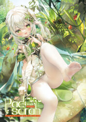 Rule 34 | 1girl, :d, blush, bracelet, braid, chen bin, cover, cover page, cross-shaped pupils, day, doujin cover, dress, dutch angle, elf, genshin impact, gradient hair, green eyes, green hair, grey hair, hair between eyes, hair ornament, hand up, highres, jewelry, leg up, long hair, multicolored hair, nahida (genshin impact), nature, no shoes, open mouth, outdoors, pantyhose, plant, pointy ears, sitting, smile, solo, symbol-shaped pupils, thighs, water, white dress, white pantyhose