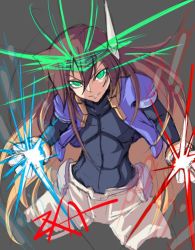 Rule 34 | 1boy, black bodysuit, blue jacket, bodysuit, bodysuit under clothes, brown hair, commentary request, cropped jacket, glowing, glowing eyes, green eyes, grey background, henshin, holding, jacket, looking at viewer, mega man (series), mega man zx, mega man zx advent, open clothes, open jacket, pants, semikichi, sketch, solo, vent (mega man), white pants
