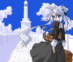 Rule 34 | 1girl, bag, belt, blue eyes, bow, female focus, hair bow, long hair, lowres, mof, mof&#039;s silver haired twintailed girl, oekaki, original, outdoors, silver hair, sky, solo, standing, twintails, very long hair