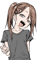 Rule 34 | 1girl, absurdres, black shirt, brown hair, collarbone, commentary request, fangs, grey eyes, highres, looking at viewer, medium hair, open mouth, original, shirt, short sleeves, side ponytail, simple background, sketch, solo, t-shirt, teeth, tongue, tongue out, upper teeth only, white background, yamamoto souichirou