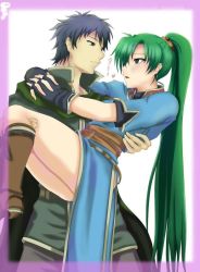 Rule 34 | 1boy, 1girl, boots, carrying, earrings, eye contact, fingerless gloves, fire emblem, fire emblem: the blazing blade, gloves, green eyes, green hair, jewelry, long hair, looking at another, lyn (fire emblem), mark (fire emblem: the blazing blade), nintendo, ponytail, princess carry, side slit, text focus, translation request, very long hair