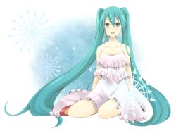 Rule 34 | 1girl, :d, alternate costume, aqua eyes, aqua hair, arms at sides, bare shoulders, collarbone, dress, female focus, frilled dress, frills, full body, gradient background, hatsune miku, kutsushita (jur), long hair, looking at viewer, no socks, open mouth, red footwear, round teeth, shoes, sitting, sleeveless, sleeveless dress, smile, solo, teeth, twintails, very long hair, vocaloid, white background, white dress, yokozuwari