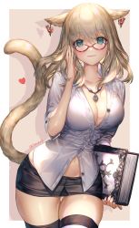 Rule 34 | 1girl, adjusting eyewear, animal ears, aqua eyes, black skirt, blouse, blush, book, breasts, buttons, cat ears, cat girl, cat tail, cleavage, collarbone, collared shirt, cowboy shot, ear piercing, earrings, final fantasy, final fantasy xiv, glasses, gluteal fold, grey shirt, hand up, heart, heart earrings, holding, holding book, jewelry, large breasts, long hair, looking at viewer, microskirt, midriff peek, miniskirt, miqo&#039;te, navel, necklace, outside border, partially unbuttoned, pencil skirt, piercing, red-framed eyewear, sencha (senchat), shadow, shirt, skirt, smile, solo, standing, tail, thigh gap, thighhighs, thighs, twitter username, warrior of light (ff14), zettai ryouiki