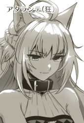 Rule 34 | 1girl, ahoge, animal ears, aoba (smartbeat), atalanta (fate), atalanta alter (fate), atalanta alter (first ascension) (fate), bare shoulders, braid, breasts, cat ears, closed mouth, collar, dress, fate/apocrypha, fate/grand order, fate (series), french braid, greyscale, highres, long hair, looking down, medium breasts, monochrome, smile, solo, translation request