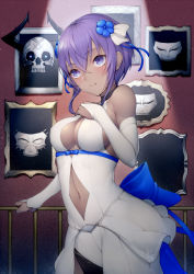 Rule 34 | 1girl, bare shoulders, blue bow, blue flower, blush, bow, breasts, bridal gauntlets, cleavage, cleavage cutout, clothing cutout, commentary request, dark-skinned female, dark skin, dress, elbow gloves, fate/grand order, fate (series), flower, gloves, hair between eyes, hair flower, hair ornament, hand on own chest, hand on railing, hassan of serenity (fate), kyoeiki, light smile, mask, medium breasts, navel, navel cutout, picture frame, purple eyes, purple hair, short hair, skull mask, sleeveless, sleeveless dress, solo, white dress, white gloves