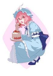 1girl blue_footwear blue_hat blue_kimono blue_ribbon blue_sash cake cdd032506 commentary_request dated food frilled_kimono frilled_sleeves frills from_side fruit full_body hat high_heels highres holding imminent_bite japanese_clothes juliet_sleeves kimono long_sleeves looking_at_viewer medium_hair mob_cap obi one-hour_drawing_challenge open_mouth pink_eyes pink_hair puffy_sleeves ribbon saigyouji_yuyuko sash sleeve_garter socks solo squatting strawberry strawberry_cake teeth touhou triangular_headpiece upper_teeth_only white_socks wide_sleeves