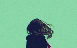 Rule 34 | 1girl, aqua background, attonosekai, black hair, black jacket, fringe trim, from behind, jacket, long hair, original, red scarf, scarf, solo, upper body, wide shot, wind