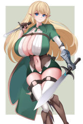 Rule 34 | 1girl, absurdres, amemiya arikapu, belt, blonde hair, boots, border, breasts, brown corset, brown footwear, brown gloves, center opening, cleavage, corset, fingerless gloves, gloves, green background, green shorts, hair behind ear, highres, holding, holding knife, holding sword, holding weapon, huge breasts, knife, long hair, looking at viewer, metal gloves, original, panties, pointy ears, shorts, skindentation, smile, solo, sword, swordbreaker (weapon), thigh belt, thigh strap, underwear, v-shaped eyebrows, very long hair, weapon, white belt, white border, white panties