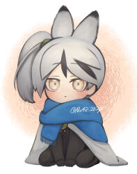 Rule 34 | 1boy, animal ears, black jacket, black pants, blue scarf, cape, closed mouth, highres, jacket, library of ruina, looking at viewer, male focus, moribe denkou, pants, project moon, rabbit ears, scarf, side ponytail, simple background, solo, v, white background, white cape, white hair, yan vismok, yellow eyes
