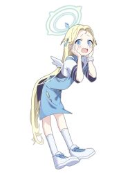 Rule 34 | 1girl, apron, blonde hair, blue apron, blue archive, blue eyes, blush, ebifried, full body, halo, hands on own face, highres, long hair, looking at viewer, mini wings, open mouth, parted bangs, scrunchie, shoes, short sleeves, simple background, sneakers, socks, solo, sora (blue archive), sweat, two side up, very long hair, white background, white footwear, white scrunchie, white socks, white wings, wings, wrist scrunchie