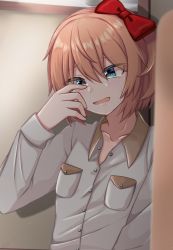 Rule 34 | 1girl, :d, blue eyes, blush, bow, doki doki literature club, hair bow, highres, looking at viewer, mashiba lei, open mouth, pajamas, pink hair, red bow, sayori (doki doki literature club), short hair, smile, solo, tears