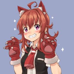 Rule 34 | 1girl, ahoge, animal ears, animal hands, arashi (kancolle), black vest, breasts, dress shirt, fake animal ears, gloves, kantai collection, kyou (tr-6), messy hair, neckerchief, paw gloves, red hair, red neckerchief, shirt, short sleeves, small breasts, smile, solo, upper body, vest, white shirt, yellow eyes