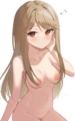 Rule 34 | 1girl, binsen, blush, breasts, brown hair, closed mouth, collarbone, eighth note, female pubic hair, groin, hand up, highres, idolmaster, idolmaster million live!, long hair, looking at viewer, medium breasts, musical note, navel, nipples, nude, pubic hair, red eyes, simple background, smile, solo, tenkuubashi tomoka, very long hair, white background