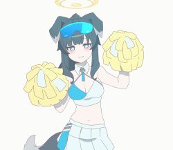 Rule 34 | 1girl, animal ears, animated, animated gif, bare shoulders, black hair, blue archive, blue eyes, blush, breasts, cheering, cheerleader, closed mouth, dog ears, dog girl, dog tail, eyewear on head, ggaebchun, goggles, goggles on head, halo, hibiki (blue archive), hibiki (cheer squad) (blue archive), highres, holding, long hair, looking at viewer, looping animation, medium breasts, midriff, millennium cheerleader outfit (blue archive), navel, official alternate costume, pom pom (cheerleading), simple background, skirt, smile, solo, standing, stomach, tail, white background