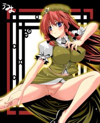 Rule 34 | 1girl, bare legs, blue eyes, blush, bow, braid, breasts, censored, chinese clothes, covered erect nipples, female focus, fighting stance, hair bow, highres, hong meiling, impossible clothes, large breasts, legs, long hair, looking at viewer, no panties, pointless censoring, pussy, red hair, side slit, solo, thighs, touhou, twin braids, umyonge (lkakeu), very long hair