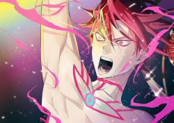 Rule 34 | 1boy, abs, alternate costume, bare shoulders, chest tattoo, close-up, earrings, eye beam, eyeshadow, fate/apocrypha, fate/extella, fate/extra, fate/grand order, fate (series), fighting stance, glowing, glowing eyes, gradient background, hair between eyes, heterochromia, jewelry, karna (fate), light particles, makeup, male focus, no earrings, open mouth, pale skin, pectorals, pink eyes, red hair, semi finalfight, solo, sparkle, tattoo, toned, toned male, upper body, yellow eyes