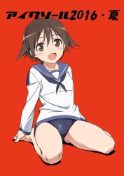 Rule 34 | 1girl, absurdres, bare legs, brown eyes, brown hair, full moon, happy, highres, miyafuji yoshika, moon, open mouth, red background, school swimsuit, school uniform, serafuku, short hair, sitting, solo, strike witches, swimsuit, swimsuit under clothes, world witches series, yamamoto shuuhei