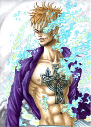 Rule 34 | 1boy, abs, absurdres, blonde hair, blue eyes, blue fire, close-up, facial hair, fire, highres, male focus, marco (one piece), navel, nipples, one piece, open clothes, open shirt, purple shirt, shirt, smile, solo, takumi (marlboro), tattoo
