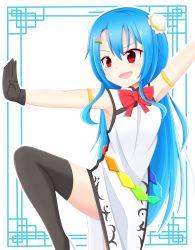 Rule 34 | &gt;:d, 1girl, :d, armpits, black gloves, black thighhighs, blue hair, blush, breasts, bun cover, china dress, chinese clothes, commentary, double bun, dress, fighting stance, food-themed hair ornament, gloves, hair bun, hair ornament, highres, hinanawi tenshi, long hair, medium breasts, open mouth, peach hair ornament, pelvic curtain, red eyes, shoes, shunki, smile, solo, standing, standing on one leg, thighhighs, touhou, v-shaped eyebrows, very long hair