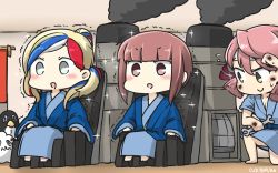 Rule 34 | &gt;:d, 10s, 3girls, :d, akashi (kancolle), blonde hair, blush, brown eyes, brown hair, commandant teste (kancolle), commentary request, dated, failure penguin, green eyes, grey eyes, hamu koutarou, headband, highres, indoors, kantai collection, massage chair, miss cloud, multicolored hair, multiple girls, open mouth, pink hair, red hair, shaking, short hair, sitting, smile, smoke, smokestack, sparkle, streaked hair, v-shaped eyebrows, white hair, wrench, z3 max schultz (kancolle)