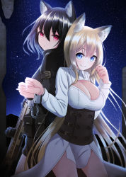Rule 34 | 2girls, black hair, black jacket, blonde hair, blue eyes, breasts, chain, cleavage, closed mouth, commentary request, cuffs, dress, gun, hair between eyes, handcuffs, highres, jacket, long hair, long sleeves, looking at viewer, looking back, medium breasts, multiple girls, nekobaka, night, night sky, original, pinky out, red eyes, sky, smile, star (sky), starry sky, very long hair, weapon, weapon request, white dress