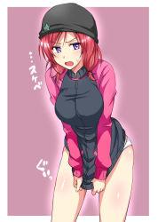 Rule 34 | 10s, 1girl, beanie, blush, covering privates, covering crotch, hat, jacket, love live!, love live! school idol festival, love live! school idol project, nishikino maki, no pants, open mouth, panties, purple eyes, red hair, sanroku-maru (unnu), short hair, short twintails, solo, track jacket, twintails, underwear, white panties