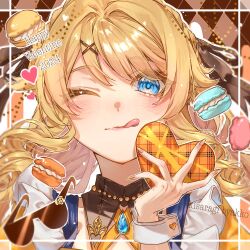 Rule 34 | 1girl, 2024, artist name, blonde hair, blue eyes, blue gemstone, blush, box, brown background, brown ribbon, closed mouth, commentary request, detached collar, fingernails, food, gem, genshin impact, gold trim, hair between eyes, hair ornament, hair ribbon, hand up, happy valentine, heart, heart-shaped box, holding, holding box, jewelry, kisaragi byakko, long fingernails, long hair, looking at viewer, macaron, nail polish, navia (genshin impact), necklace, no headwear, one eye closed, orange nails, ribbon, smile, solo, sparkle, sunglasses, tongue, tongue out, unworn eyewear, upper body, wing collar, wrist cuffs, x hair ornament