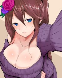 Rule 34 | 10s, 1girl, blue eyes, breasts, brown hair, cleavage, flower, from above, granblue fantasy, hair flower, hair ornament, han (jackpot), large breasts, light smile, long hair, looking at viewer, naughty face, no bra, ribbed sweater, rosetta (granblue fantasy), selfie, smile, solo, sweater