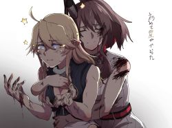 Rule 34 | 10s, 2girls, alternate body fluid, belt, blonde hair, blood, blood on hands, blue eyes, brown hair, closed eyes, crying, crying with eyes open, dress, elbow gloves, fingerless gloves, front-tie top, gloves, hug, hug from behind, iowa (kancolle), kantai collection, long hair, multiple girls, pointy ears, ponytail, red belt, saratoga (kancolle), side ponytail, smile, star (symbol), takatsuki nato, tears, translation request, upper body, white dress