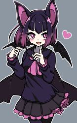Rule 34 | 1girl, animal ears, bat ears, bat wings, black hair, black pantyhose, black sailor collar, black serafuku, blush, bow, bowtie, cape, collarbone, commentary request, common vampire bat (kemono friends), extra ears, facing viewer, frilled sleeves, frills, grey background, hand on own face, hand up, heart, highres, kemono friends, long sleeves, looking at viewer, multicolored hair, open mouth, pantyhose, petit ramune, pink bow, pink bowtie, pleated skirt, sailor collar, school uniform, serafuku, short hair, skirt, smile, solo, wings