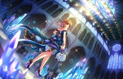 Rule 34 | 1girl, alternate costume, alternate hairstyle, artist request, bare arms, bare shoulders, blue dress, bouquet, braid, brown eyes, dress, earrings, faceless, flower, full body, hair ornament, high heels, idolmaster, idolmaster cinderella girls, idolmaster cinderella girls starlight stage, jewelry, looking back, moroboshi kirari, off-shoulder dress, off shoulder, official art, orange hair, ribbon, stained glass, walking