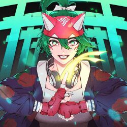 Rule 34 | 1girl, anemia kwus, animification, black jacket, bow, breasts, fingerless gloves, floating hair, gloves, glowing, green eyes, green hair, hair bow, headphones, headphones around neck, highres, jacket, kiriko (overwatch), kuji-in, looking at viewer, medium breasts, ofuda, overwatch, overwatch 2, parted lips, ponytail, portrait, red gloves, smile, solo, torii, white bow