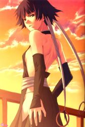Rule 34 | 00s, 1girl, back, backless outfit, bare back, bare shoulders, black hair, bleach, fingernails, flat chest, gloves, highres, looking back, nail, pua, railing, scan, short hair with long locks, skinny, slender, solo, sui-feng, sunset, twintails