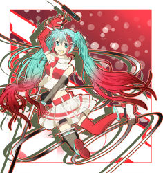 Rule 34 | 1girl, aqua eyes, aqua hair, boots, cola miku, elbow gloves, gloves, gradient hair, grin, hatsune miku, highres, jumping, long hair, looking at viewer, looking back, microphone, microphone stand, mouth hold, multicolored hair, red hair, skirt, smile, solo, twintails, very long hair, vocaloid