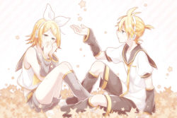 Rule 34 | 1boy, 1girl, arm support, belt, blonde hair, blue eyes, blush, brother and sister, crying, crying with eyes open, detached sleeves, expressionless, fingernails, full body, hair ornament, hair ribbon, hairclip, happy, headset, highres, kagamine len, kagamine rin, leg warmers, looking away, looking down, necktie, outstretched hand, parted lips, profile, ribbon, sailor collar, shirt, short hair, short sleeves, shorts, siblings, simple background, sitting, sleeveless, sleeveless shirt, smile, star (symbol), striped, striped background, suzumi (fallxalice), tears, thighs, twins, vocaloid, white background, white ribbon, yellow neckwear, yellow ribbon