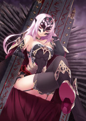 Rule 34 | 1girl, bare shoulders, breasts, cait aron, chair, choker, dutch angle, elbow gloves, garter straps, gloves, highres, large breasts, crossed legs, long hair, mask, original, pink hair, red eyes, sitting, solo, thighhighs, throne
