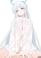 Rule 34 | 1boy, 1girl, blue archive, blunt bangs, collared shirt, commentary request, fpanda, from below, grey hair, groin, halo, headgear, highres, long hair, long sleeves, looking at viewer, looking down, midriff, navel, no panties, noa (blue archive), out of frame, purple eyes, riding, sensei (blue archive), shirt, sidelocks, simple background, sitting, sitting on person, spread legs, white background, white shirt