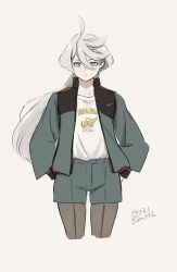 Rule 34 | 0321smith, 1girl, artist name, black pantyhose, closed mouth, commentary request, cowboy shot, cropped legs, green jacket, green shorts, grey eyes, gundam, gundam suisei no majo, highres, jacket, long hair, long sleeves, looking at viewer, miorine rembran, pantyhose, shirt, shorts, simple background, solo, white background, white hair, white shirt