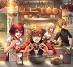 2boys 2girls alternate_costume apron artist_name black_apron black_shirt black_skirt blonde_hair blue_eyes brown_hair closed_mouth commentary_request cooking french_commentary grin highres hollypolllyy indoors kairi_(kingdom_hearts) kingdom_hearts kingdom_hearts_ii kingdom_hearts_iii kitchen lips long_hair multiple_boys multiple_girls namine nomura_tetsuya_(style) open_mouth pink_lips pointy_hair red_hair red_shirt roxas shirt short_hair skirt smile sora_(kingdom_hearts) white_apron white_shirt