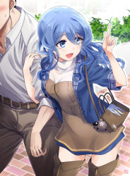 Rule 34 | 1boy, 1girl, admiral (kancolle), animal, arm up, bag, belt, blue eyes, blue hair, blue skirt, blush, boots, breasts, commentary request, day, dress, gloves, gotland (kancolle), hair between eyes, handbag, holding, jacket, jewelry, kantai collection, long hair, long sleeves, looking away, medium breasts, mole, mole under eye, open mouth, outdoors, plant, revision, ring, sheep, skirt, smile, sumeragi hamao, thigh boots, thighhighs, thighs, white gloves