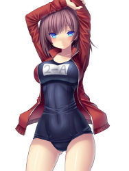 Rule 34 | 1girl, blue eyes, breasts, brown hair, collarbone, cowboy shot, jacket, large breasts, looking at viewer, navel, one-piece swimsuit, original, school swimsuit, simple background, skin tight, solo, stretching, swimsuit, swimsuit under clothes, thighs, tsukumiya amane, white background