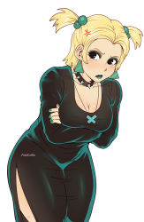 Rule 34 | 1girl, artist name, black dress, blonde hair, blush, breasts, choker, cleavage, cowboy shot, crossed arms, dress, dusk (scooby-doo), earrings, goth fashion, green nails, highres, jewelry, long sleeves, medium breasts, nail polish, necklace, pinkkoffin, scooby-doo, short hair, short twintails, side slit, simple background, solo, spiked choker, spikes, thighs, triangle earrings, twintails, white background